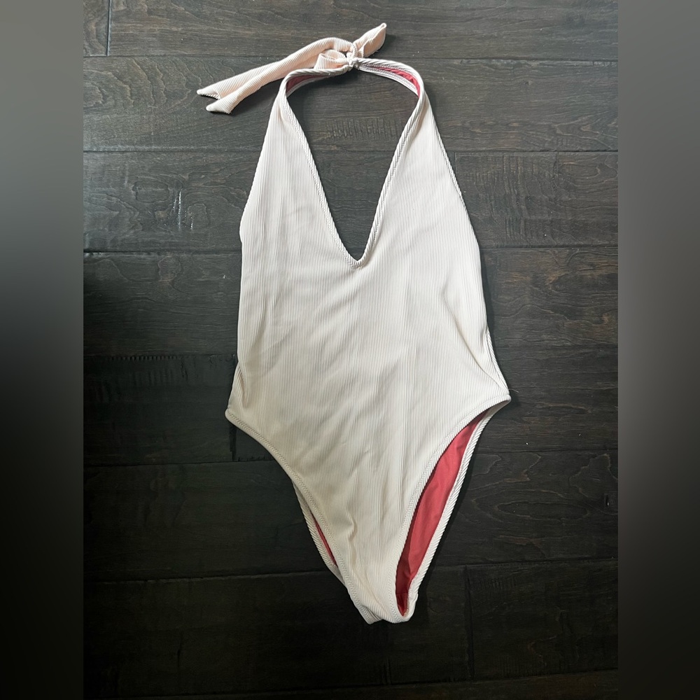 aerie Light Pink Ribbed One-Piece Swimsuit with Coral Lining